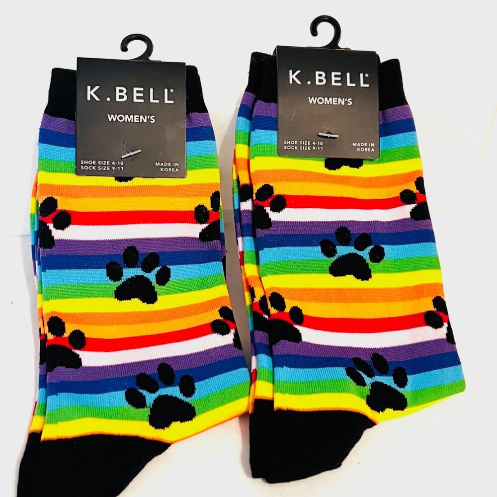 K.Bell-NWT-Women's Rainbow Stripes-Dog Paw Prints-2 Pair-Casual-Colorful-